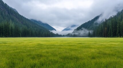 Wall Mural - Misty Morning Landscape with Lush Meadow and Forested Mountains