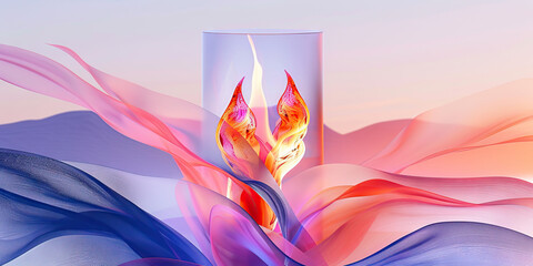 Poster - stylized flame form within transparent cylinder and translucent fabrics