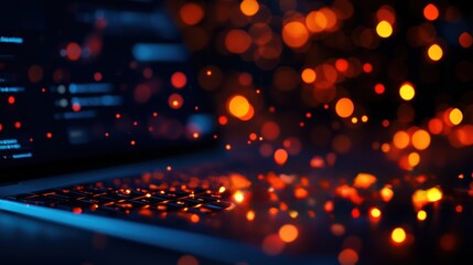 Poster - Illuminated Laptop Computer Surrounded by a Vibrant Blur of Colorful Lights Creating a Modern and Dynamic Workspace Atmosphere