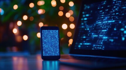 Poster - Illuminated Laptop on Wooden Table in Cozy Workspace Creating a Modern and Inviting Atmosphere for Productive Work