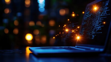 Poster - Modern Laptop on Wooden Table Surrounded by Soft Natural Light Creating a Warm and Inviting Workspace Atmosphere