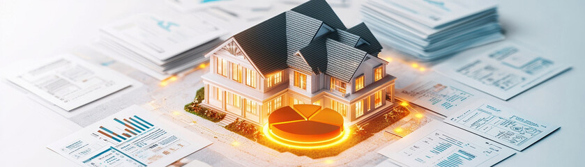Poster - model home surrounded by glowing investment charts and documents, showcasing real estate potential and financial growth