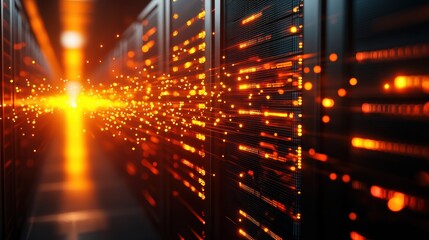 Poster - Vast Corridor Filled with Rows of High-Tech Servers Illuminated by Soft Ambient Lighting Creating a Futuristic Atmosphere