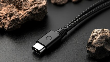 Black USB-C cable on dark surface with rocks; tech product shot for website.