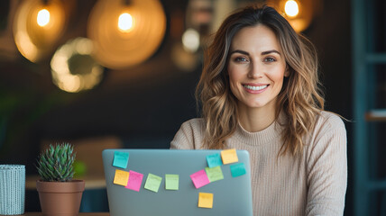 Poster - Smiling businesswoman brainstorming over coffee with sticky notes on laptop. She exudes confidence and creativity in cozy workspace