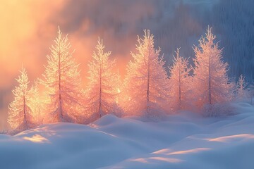 Wall Mural - enchanting winter forest scene with snow-covered pine trees and ice crystals sparkling in golden mor