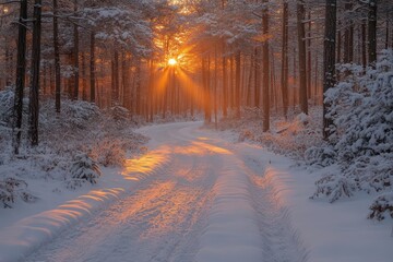 Wall Mural - enchanting winter wonderland forest path with snow-covered pine trees and golden sunlight filtering through crystal-like branches