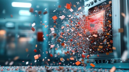 Poster - A Shattered Computer Screen Surrounded by Fragments of Glass Reflecting Light in a Chaotic Yet Intriguing Workspace Setting