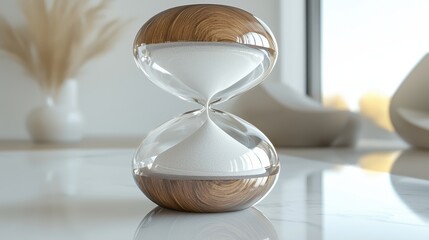 Poster - Elegant hourglass with wooden accents and sand on a modern white table in a bright interior setting