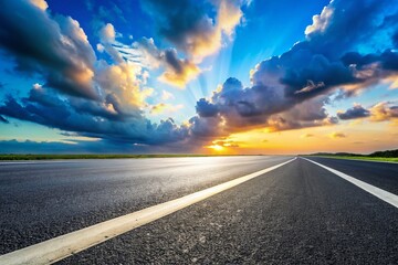 Empty Asphalt Road Panorama, Blue Sky, Clouds, Road Markings, Low Light Photography