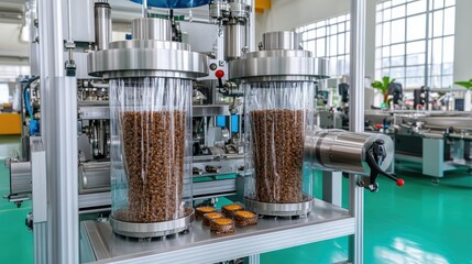 Poster - Cookies are being packaged in transparent film by a roll-wrapping machine in a bright, modern factory alongside chocolate balls