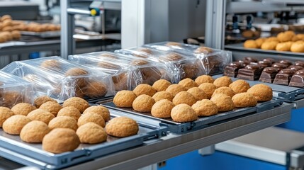 Poster - Cookies are being packaged in transparent film by a roll-wrapping machine in a bright, modern factory alongside chocolate balls