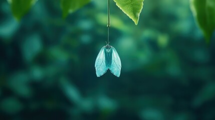 Poster - Delicate Transparent Butterfly Wings Suspended from Green Leaf Against a Soft Focus Background