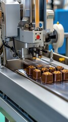 Poster - Cookies are being packaged in transparent film by a roll-wrapping machine in a bright, modern factory alongside chocolate balls
