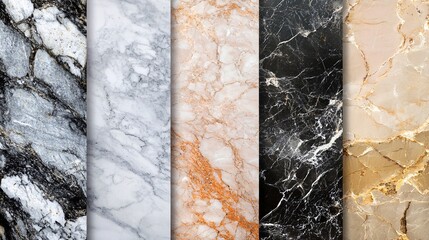 Poster - Five polished marble textures showing different colors and veins