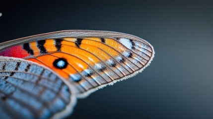 Poster - Close-Up of Colorful Butterfly Wing with Intricate Patterns and Textures Against a Soft Dark Background