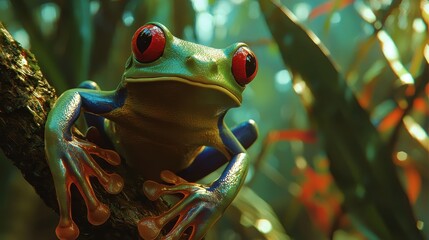 Poster - Vibrant Red-Eyed Tree Frog Resting on a Rainforest Branch Surrounded by Lush Vegetation and Soft Light