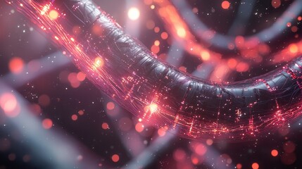 Poster - Abstract Digital Background with Illuminated Lines and Bokeh Effect in Red and Black Hues for Creative Visuals