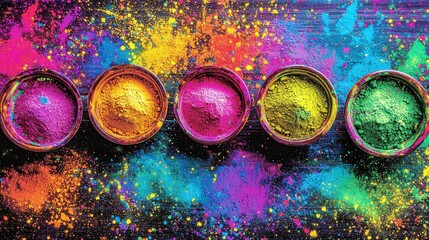 Poster - Vibrant Colorful Powder and Splashes on Black Background Creating a Stunning Visual of Holi Festival or Artistic Expression in Creative Photography