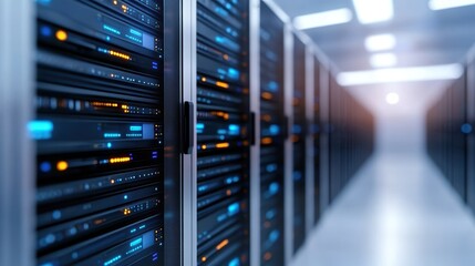 Poster - Modern Server Room with Rows of High-Tech Servers Illuminated by Soft Blue Lights Creating a Cool and Efficient Atmosphere