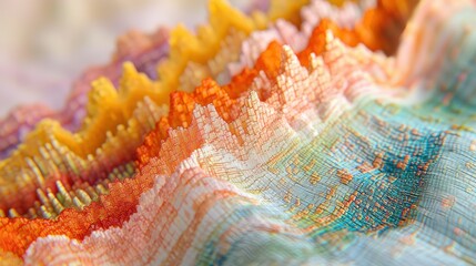 Poster - Vibrant Textured Fabric with Colorful Patterns and Waves of Orange, Yellow, Blue, and Pink in Close-Up Shot