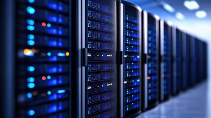 Poster - Modern Data Center Featuring High-Tech Servers in Neat Rows with Bright LED Lights Creating an Innovative Atmosphere