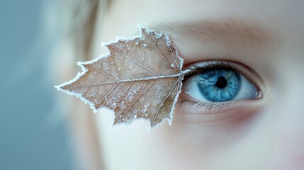 Poster - Close-up of a child's eye with a frosted leaf resting on the eyelid, showcasing beauty and nature in winter settings