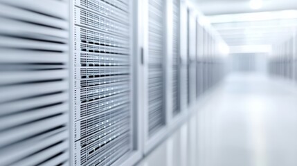 Poster - Expansive Hallway Filled with Rows of Gleaming Servers Illuminated by Soft Lighting Creating a Futuristic Tech Environment