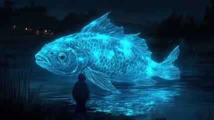 Sticker - A glowing fish hovers over a pond at night, with a person watching in awe.