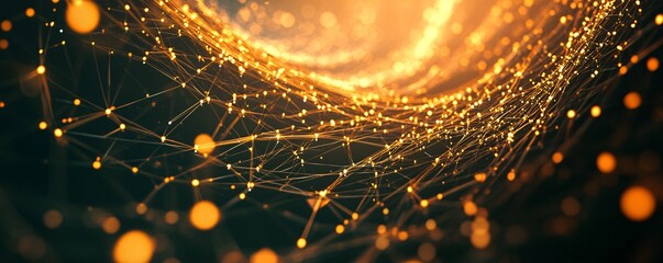 Fototapete - Golden network glowing and expanding, showing connections and data flow