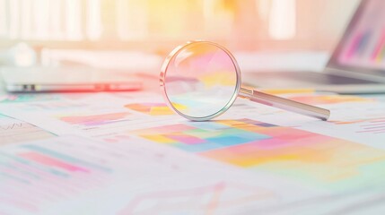 Poster - Business Analysis with Magnifying Glass Over Charts and Graphs on Desk in Modern Office Environment