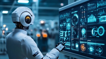Leinwandbilder - Engineer robot working with touch screen in factory monitoring production process