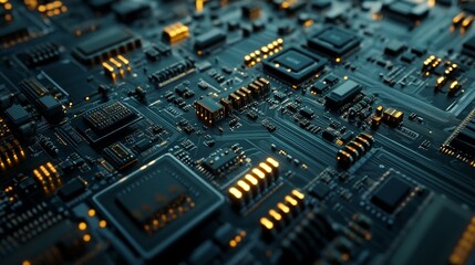 Leinwandbilder - Electronic circuit board showing glowing components and data flow