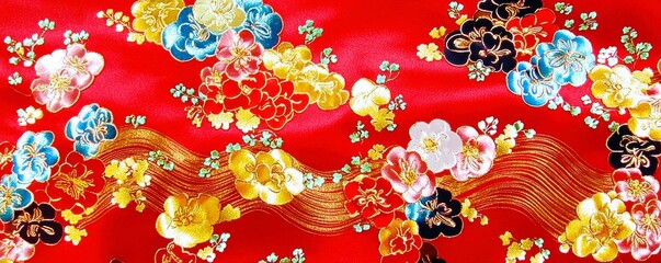 Poster - Vibrant Red Silk Fabric with Colorful Floral Pattern and Golden Accents in Traditional Asian Design for Elegant Textiles and Fashion Applications