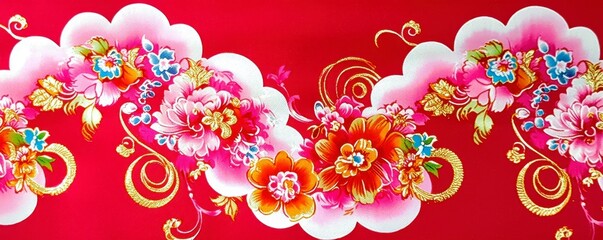 Poster - Vibrant Floral Design on Red Background with Swirls and Clouds for Decorative Use in Textile, Wallpaper, or Art Projects