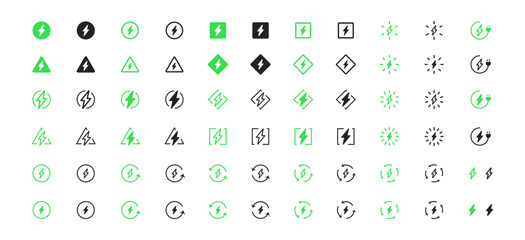 Wall Mural - big eco electric green icon set. black, outline and green lightning symbol set. energy thunderbolt a