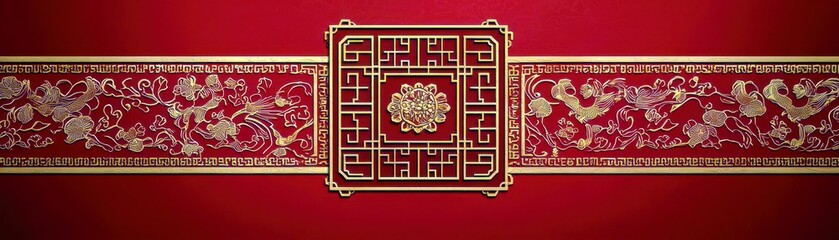 Poster - Traditional Chinese Decorative Panel with Golden Motifs and Floral Patterns on a Rich Red Background for Cultural and Artistic Inspiration