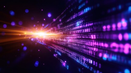 Aufkleber - Futuristic Abstract Technology Background Featuring Glowing Light Patterns and Complex Binary Code in a Digital Landscape