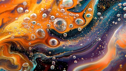 Poster - Colorful Abstract Background with Bubbles and Swirls in Orange, Blue, and Gold Tones
