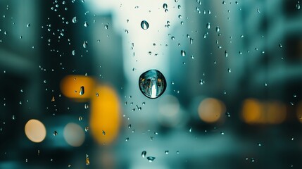 Aufkleber - Raindrops are sliding on glass, creating a mesmerizing pattern against the blurred backdrop of city lights, showcasing a beautiful interplay of light, water, and urban landscape