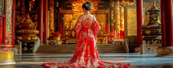 Elegant woman in traditional red dress stands in ornate temple with golden decorations, showcasing the beauty of cultural heritage and historical architecture