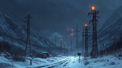 Sticker - A snow-covered mountain road at night, with power lines and illuminated poles.