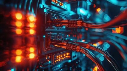 Poster - High-Tech Data Center with Colorful Server Rack and Network Cables in Dramatic Lighting