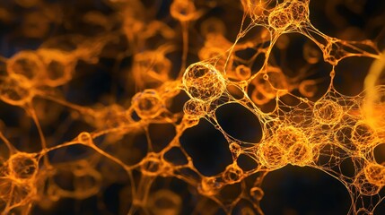 Poster - Abstract representation of glowing orange cells connected by intricate lines, showing biological networks and cellular structures