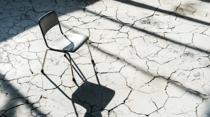 Sticker - Textured shot of sunlight shadows forming geometric lines from a metallic chair on a white and grey cracked surface, copy space