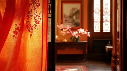 Poster - Colorful Chinese Interior with Elegant Drapery and Decorative Plants Showcasing Traditional Architecture and Blossom Accents in Warm Lighting