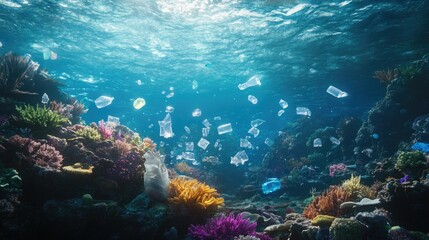 Poster - Vibrant coral reefs underwater surrounded by floating plastic bags and bottles, emphasizing pollution's impact on marine life