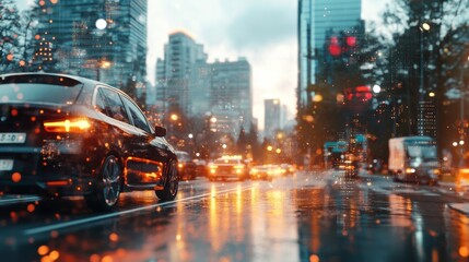 Poster - Vibrant Cityscape at Night with Car Driving Through Illuminated Streets Surrounded by Skyscrapers and Urban Energy