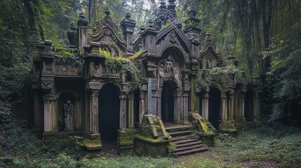 Wall Mural - A weathered, ornate, stone structure overgrown with moss, nestled within a lush, foggy forest.  Ancient, overgrown mausoleum or garden pavilion in a dense woodland.  Detailed carvings and arches.  Mys