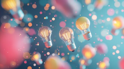 Poster - Three Floating Bulbs in a Colorful Background with Bokeh Effect and Glowing Light Displaying Creativity and Inspiration